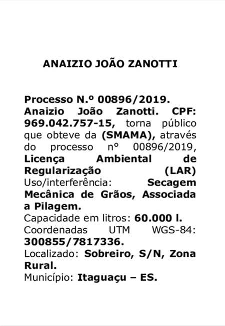 Licença Ambiental Obtida - Anaizio João Zanotti 